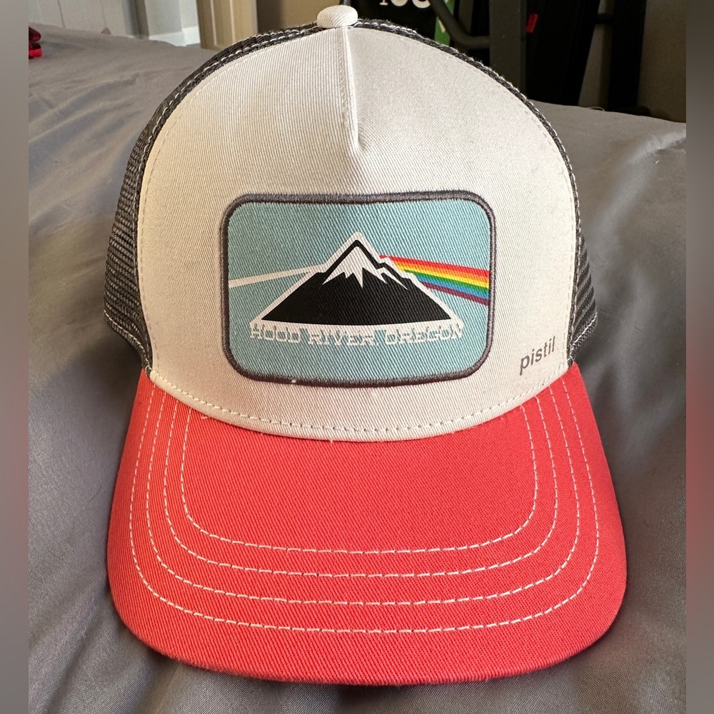 pistil white and Coral Trucker Hat with Mountain Patch